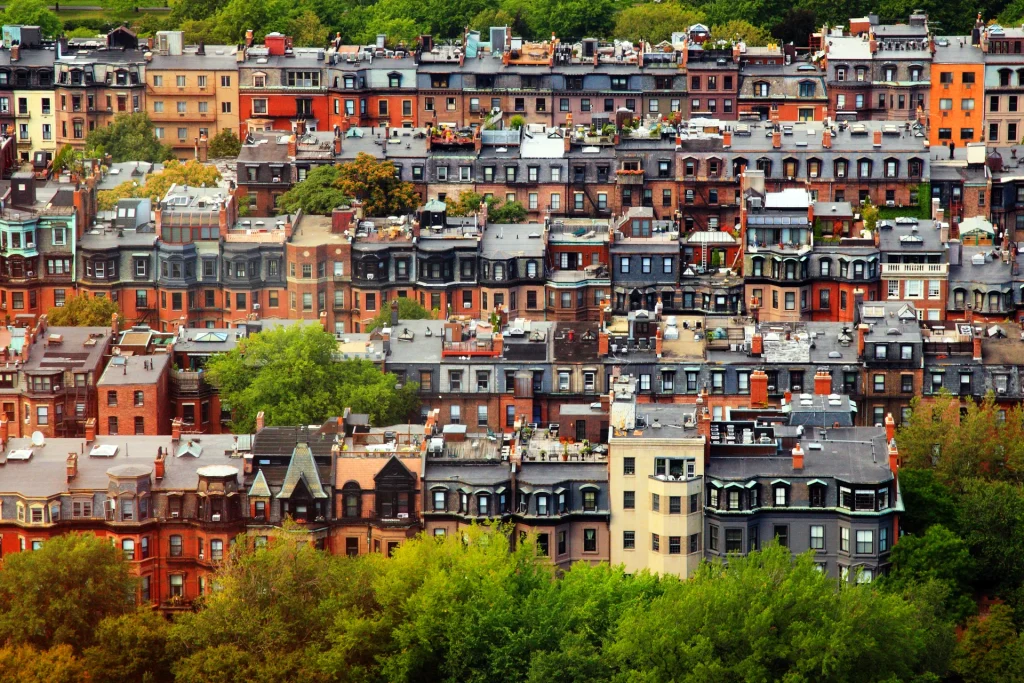 Brick row houses in Boston’s Back Bay viewed from above